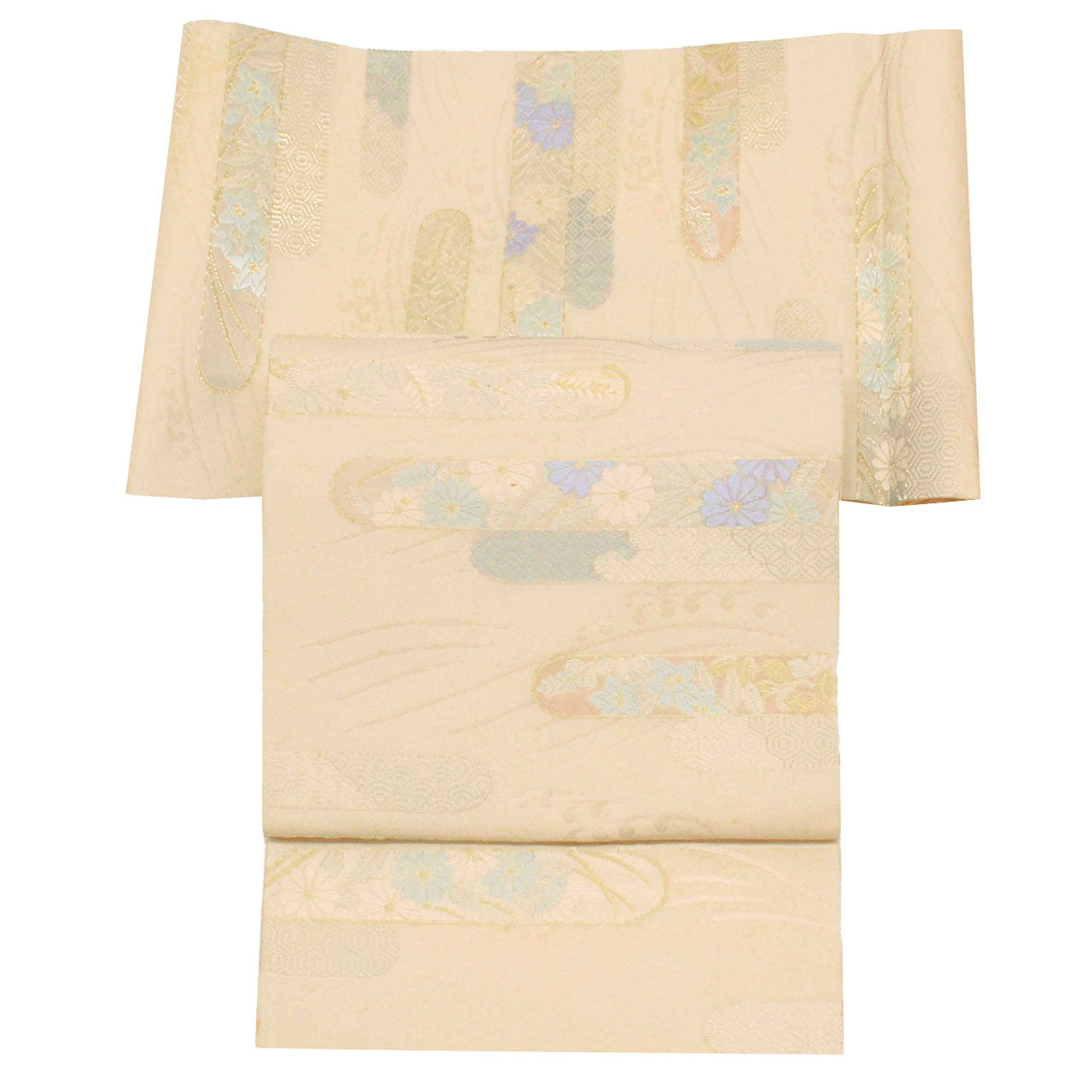 Vintage Japanese Obi | Fukuro Obi | Cream Silk | E-kasuri Cloud Pattern | Embroidery Gold Silver Thread | Sustainable | uu0937b