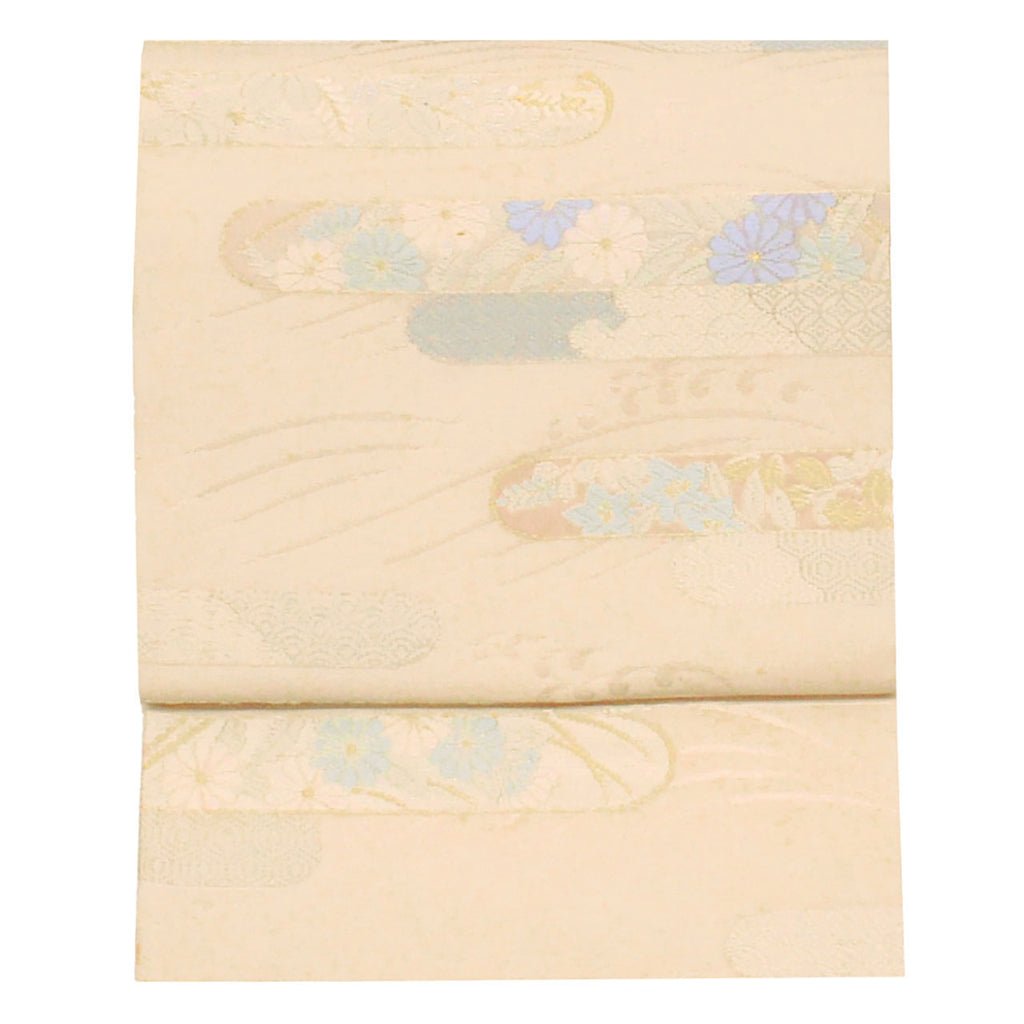 Vintage Japanese Obi | Fukuro Obi | Cream Silk | E-kasuri Cloud Pattern | Embroidery Gold Silver Thread | Sustainable | uu0937b