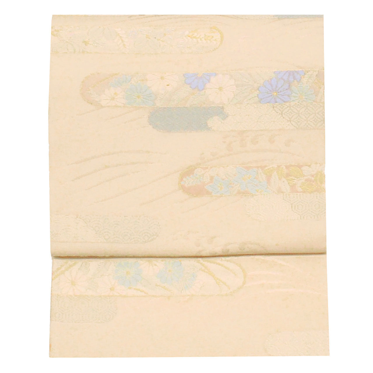 Vintage Japanese Obi | Fukuro Obi | Cream Silk | E-kasuri Cloud Pattern | Embroidery Gold Silver Thread | Sustainable | uu0937b