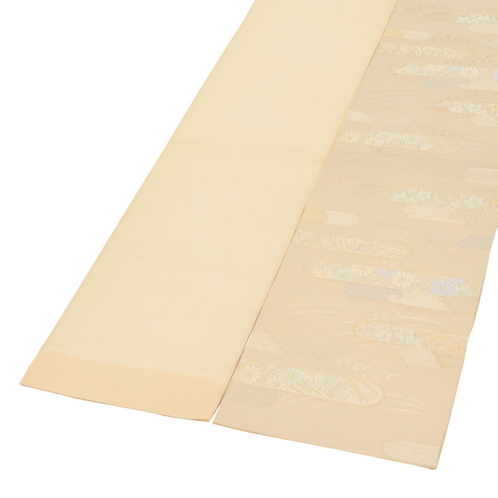 Vintage Japanese Obi | Fukuro Obi | Cream Silk | E-kasuri Cloud Pattern | Embroidery Gold Silver Thread | Sustainable | uu0937b