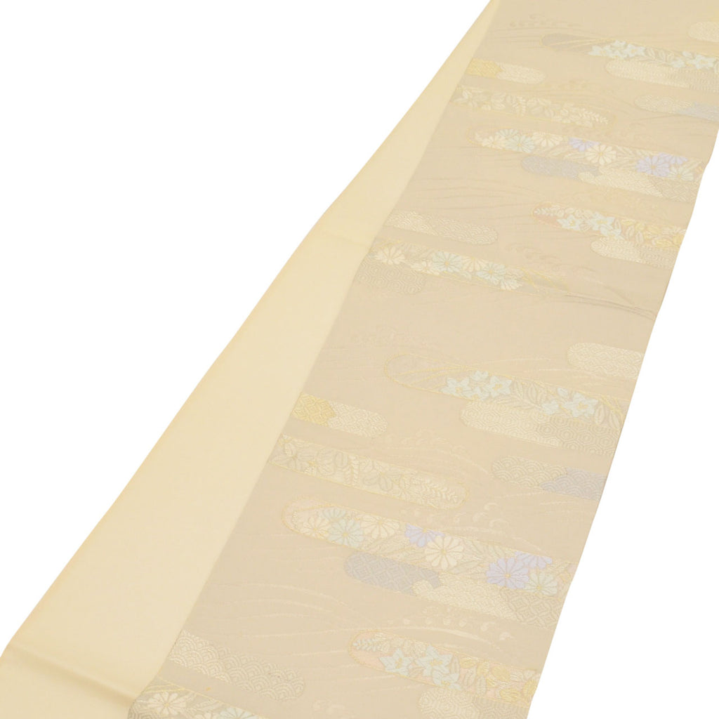Vintage Japanese Obi | Fukuro Obi | Cream Silk | E-kasuri Cloud Pattern | Embroidery Gold Silver Thread | Sustainable | uu0937b