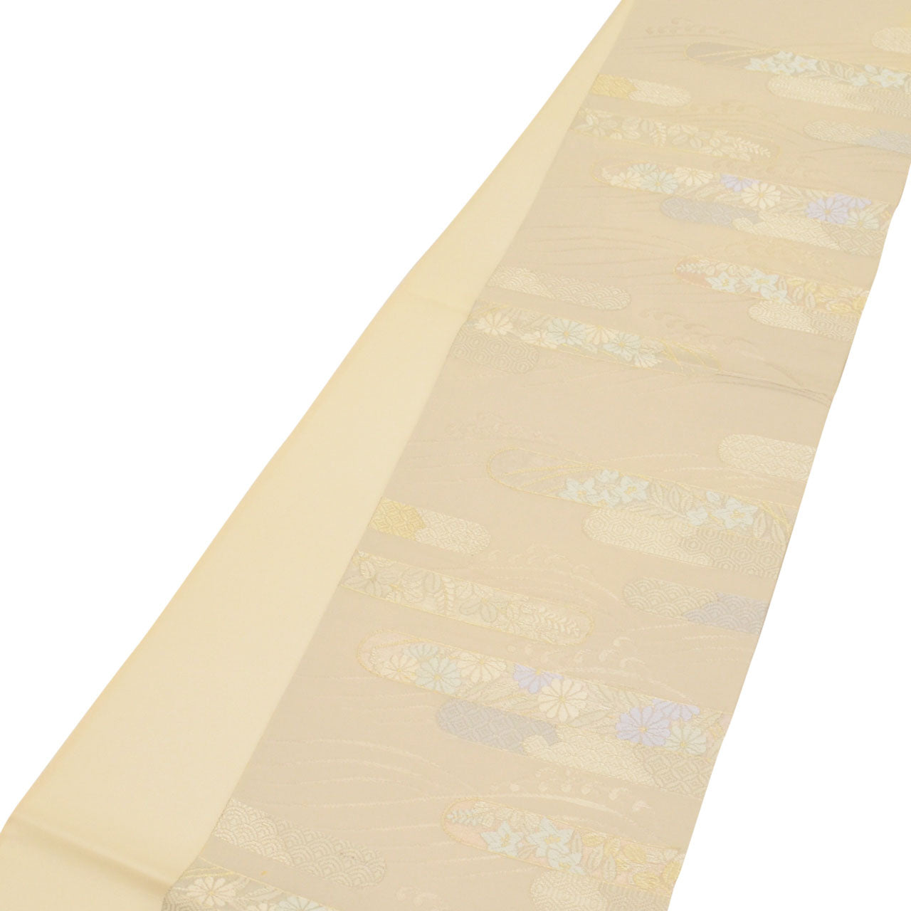 Vintage Japanese Obi | Fukuro Obi | Cream Silk | E-kasuri Cloud Pattern | Embroidery Gold Silver Thread | Sustainable | uu0937b