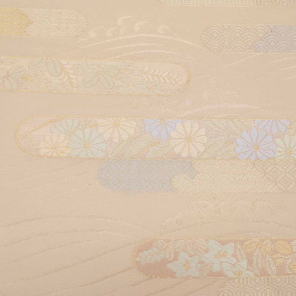 Vintage Japanese Obi | Fukuro Obi | Cream Silk | E-kasuri Cloud Pattern | Embroidery Gold Silver Thread | Sustainable | uu0937b