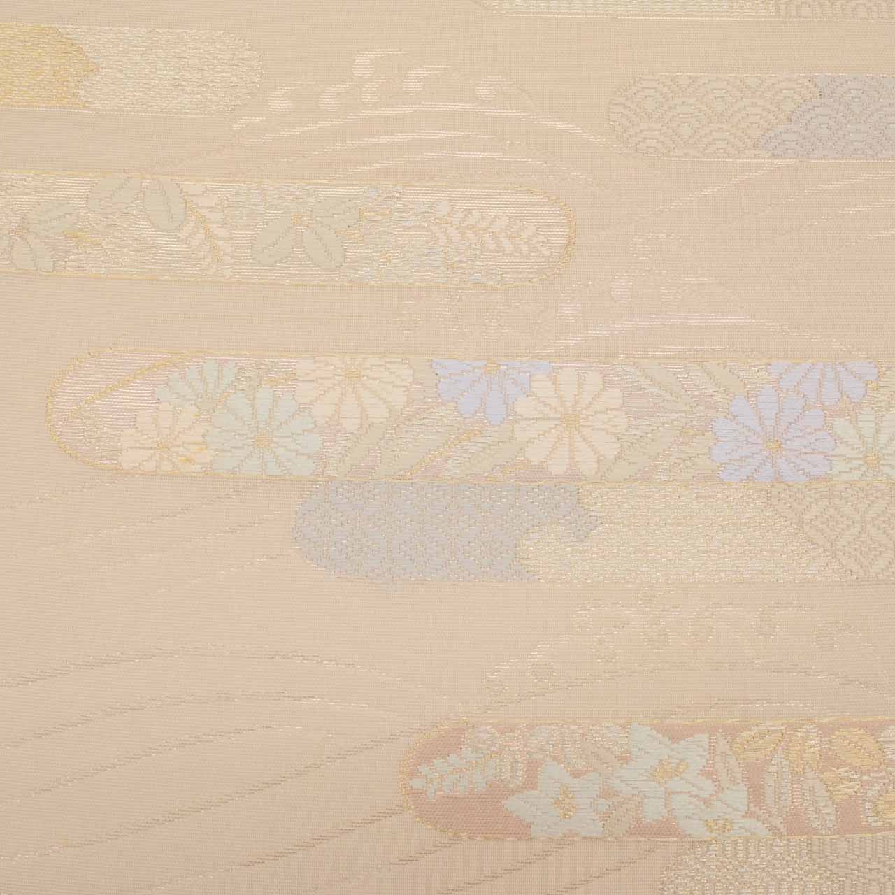 Vintage Japanese Obi | Fukuro Obi | Cream Silk | E-kasuri Cloud Pattern | Embroidery Gold Silver Thread | Sustainable | uu0937b
