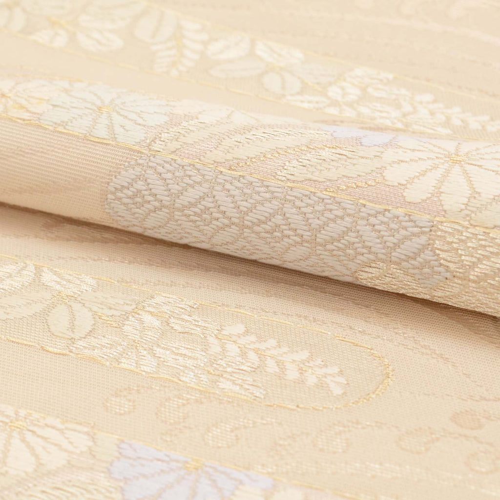 Vintage Japanese Obi | Fukuro Obi | Cream Silk | E-kasuri Cloud Pattern | Embroidery Gold Silver Thread | Sustainable | uu0937b