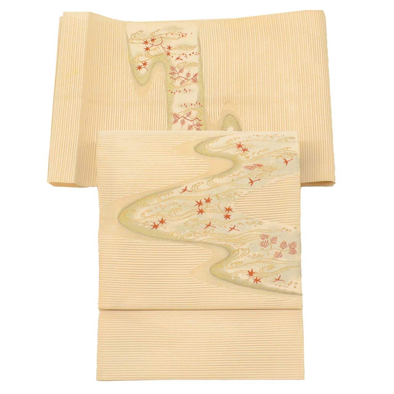 Vintage Japanese Obi | Summer Nagoya Obi | Beige Silk Ro-tsuzure | E-kasuri Wave | Eight-sun | Gold Silver Thread | Sustainable | uu0939b
