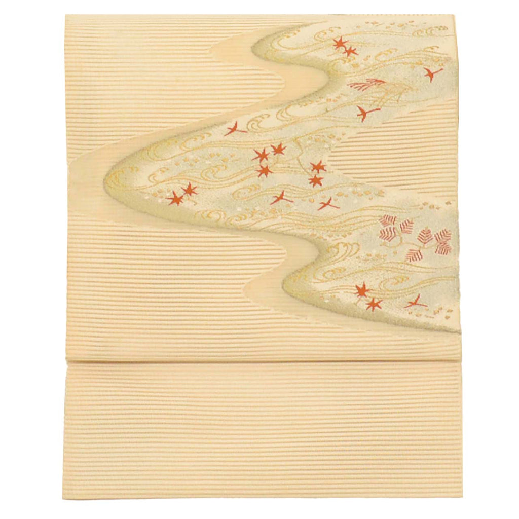 Vintage Japanese Obi | Summer Nagoya Obi | Beige Silk Ro-tsuzure | E-kasuri Wave | Eight-sun | Gold Silver Thread | Sustainable | uu0939b