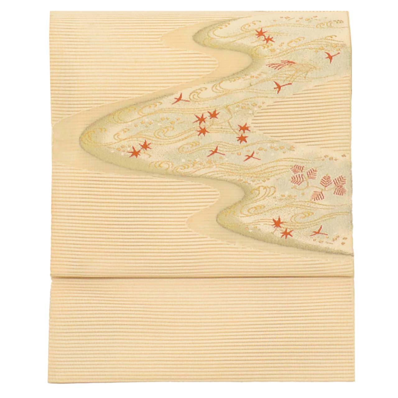 Vintage Japanese Obi | Summer Nagoya Obi | Beige Silk Ro-tsuzure | E-kasuri Wave | Eight-sun | Gold Silver Thread | Sustainable | uu0939b
