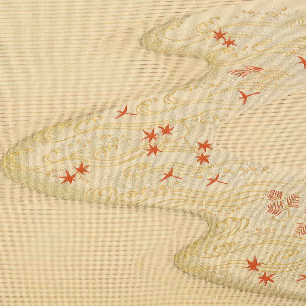 Vintage Japanese Obi | Summer Nagoya Obi | Beige Silk Ro-tsuzure | E-kasuri Wave | Eight-sun | Gold Silver Thread | Sustainable | uu0939b