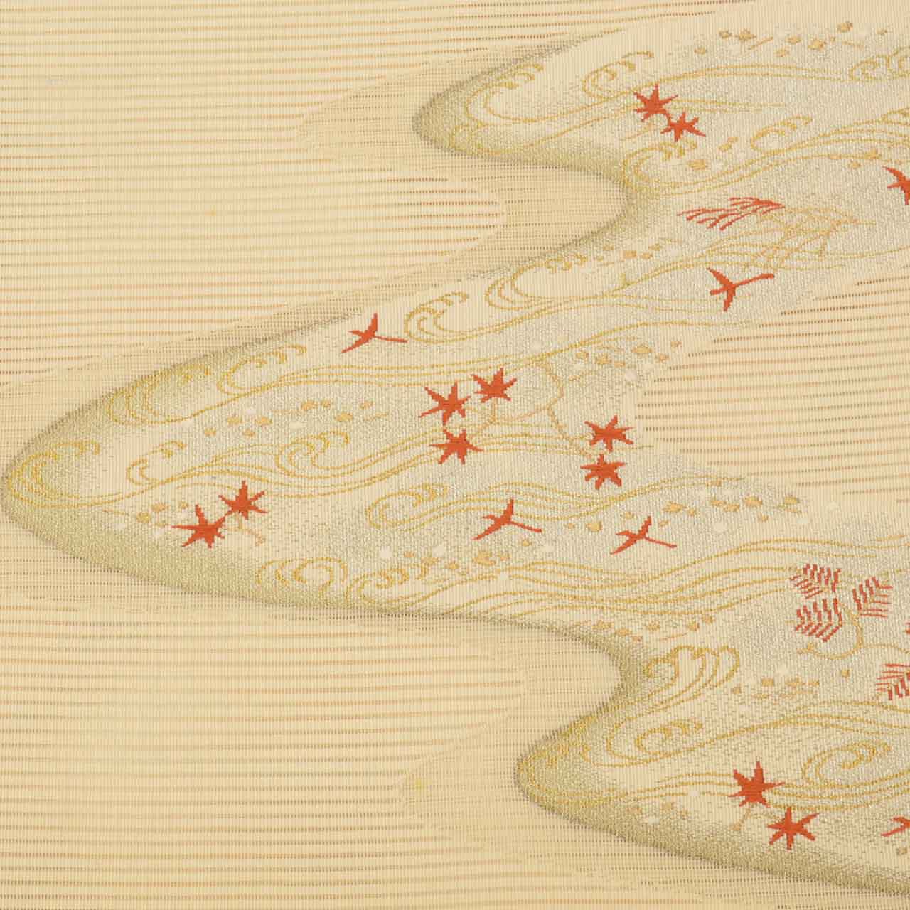 Vintage Japanese Obi | Summer Nagoya Obi | Beige Silk Ro-tsuzure | E-kasuri Wave | Eight-sun | Gold Silver Thread | Sustainable | uu0939b