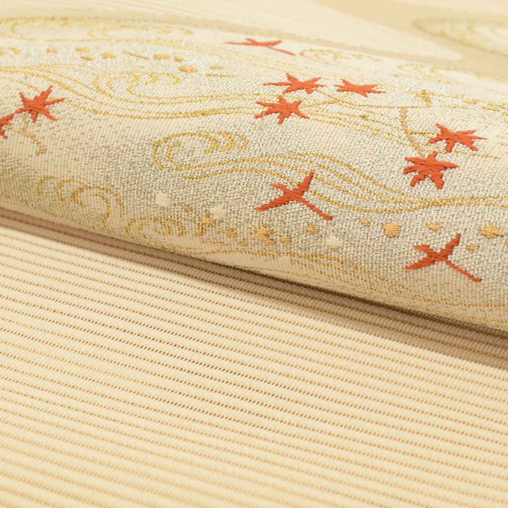 Vintage Japanese Obi | Summer Nagoya Obi | Beige Silk Ro-tsuzure | E-kasuri Wave | Eight-sun | Gold Silver Thread | Sustainable | uu0939b