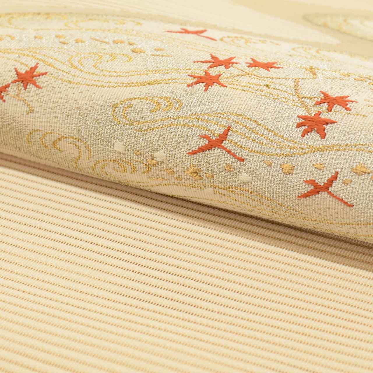 Vintage Japanese Obi | Summer Nagoya Obi | Beige Silk Ro-tsuzure | E-kasuri Wave | Eight-sun | Gold Silver Thread | Sustainable | uu0939b