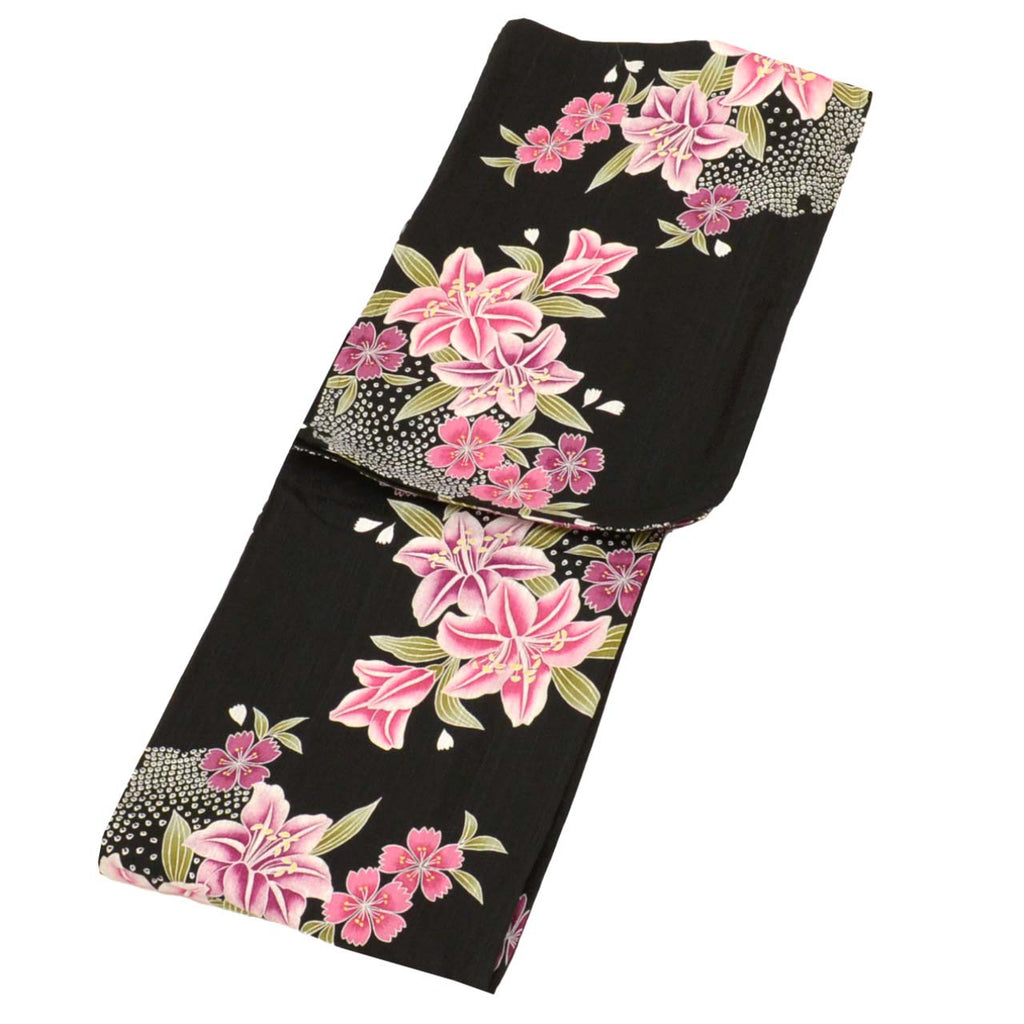 Vintage Japanese Yukata | Women's Yukata | Black Cotton | Lily Sakura Pattern | Excellent | Size L | Sustainable | uu0946b