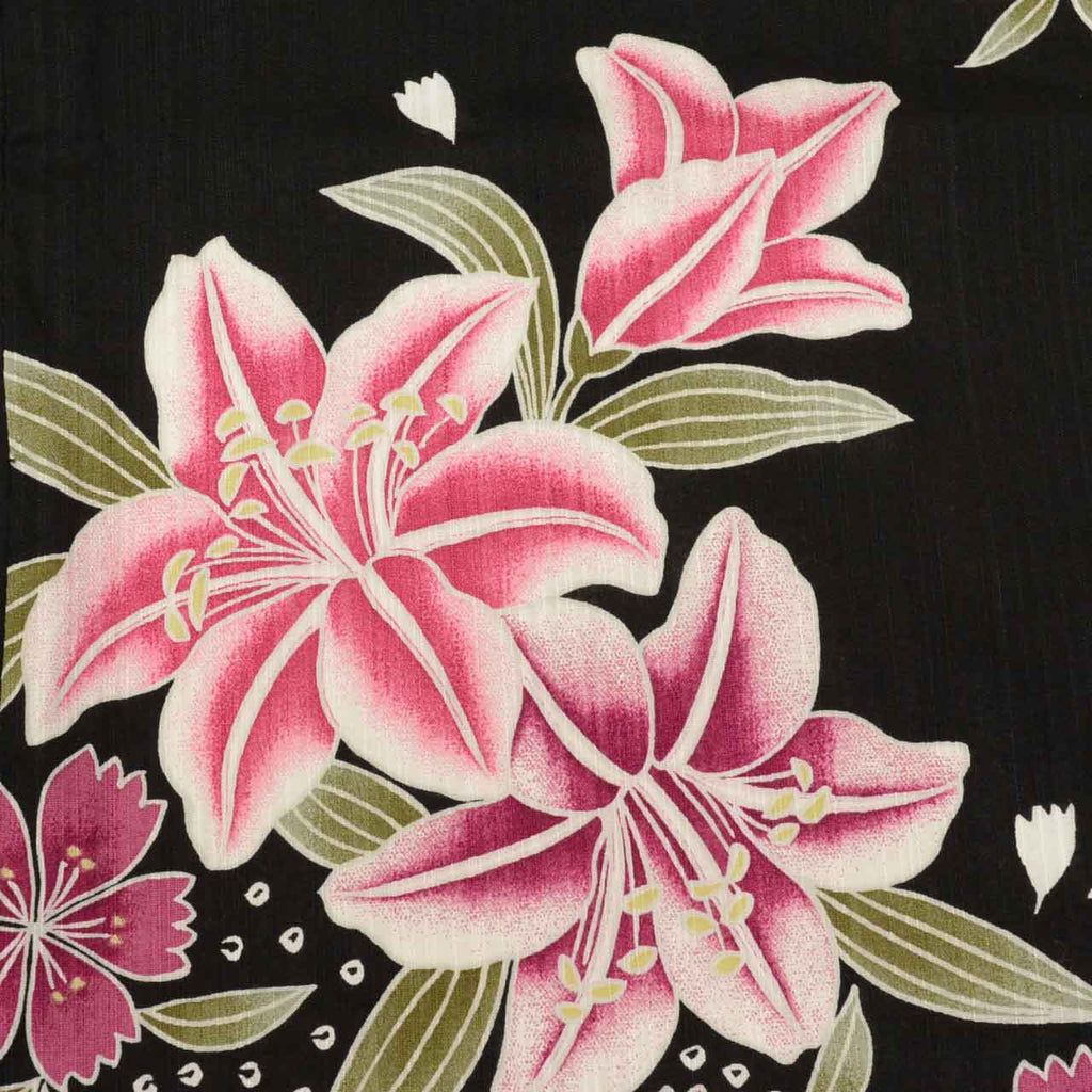 Vintage Japanese Yukata | Women's Yukata | Black Cotton | Lily Sakura Pattern | Excellent | Size L | Sustainable | uu0946b