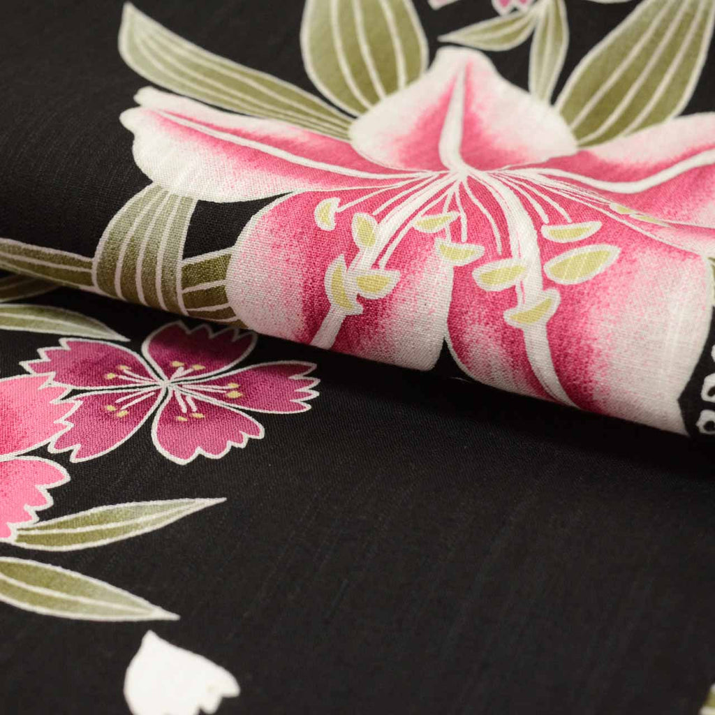 Vintage Japanese Yukata | Women's Yukata | Black Cotton | Lily Sakura Pattern | Excellent | Size L | Sustainable | uu0946b
