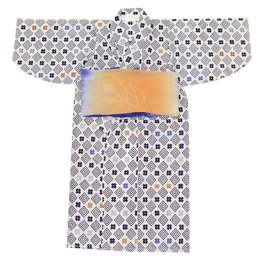[Used] Recycled Yukata for Boys, Cotton, Size 120, White, Diamond Pattern, Kasuri Design, Chusen Dyeing, uu0949b 