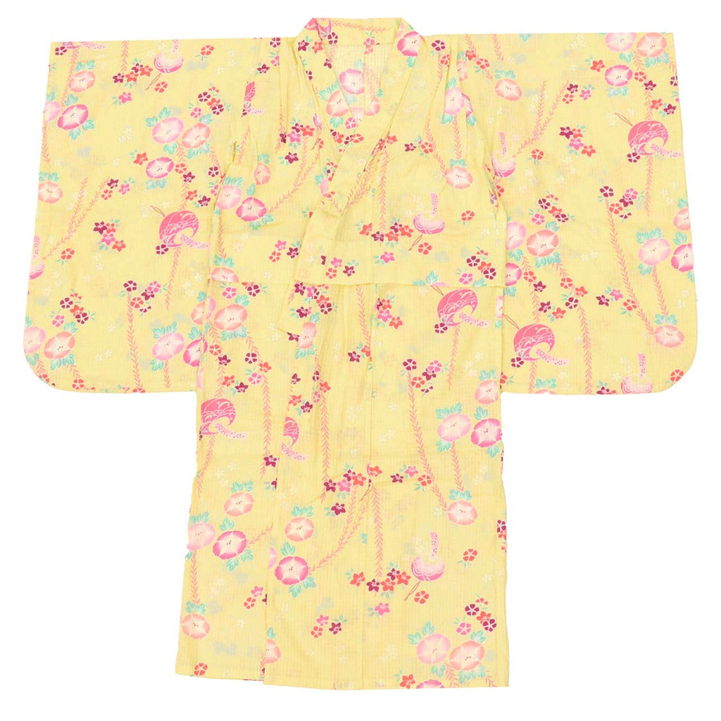 Vintage Japanese Yukata | Girl's Yukata | Yellow Cotton Koubai | Floral Pattern | Excellent | Kids Size 120 | Sustainable | uu0950b
