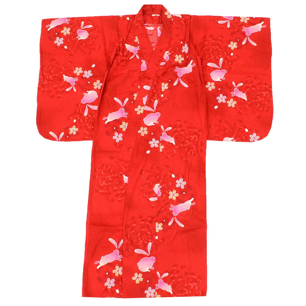 Vintage Japanese Yukata | Girl's Yukata | Red Cotton Koubai | Rabbit Sakura Pattern | Kids Size 130 | Sustainable | uu0951b