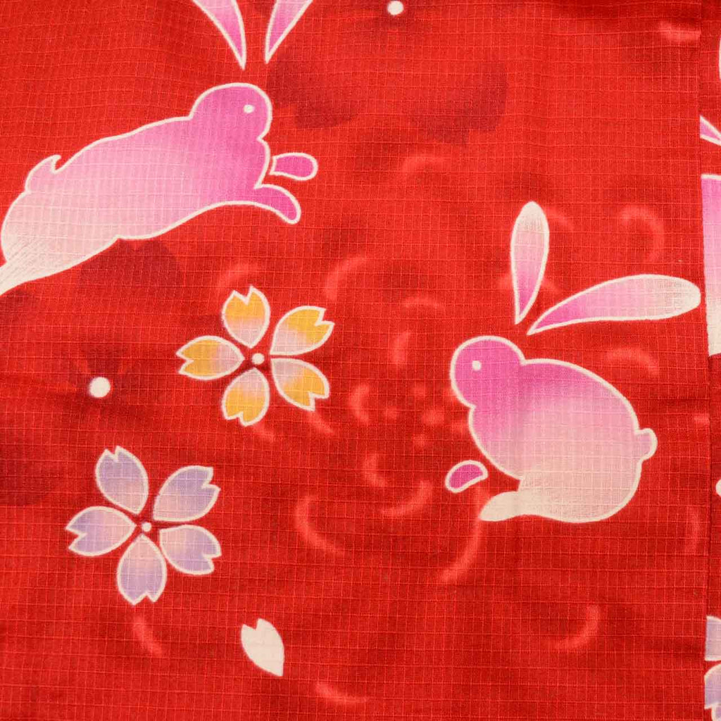 Vintage Japanese Yukata | Girl's Yukata | Red Cotton Koubai | Rabbit Sakura Pattern | Kids Size 130 | Sustainable | uu0951b