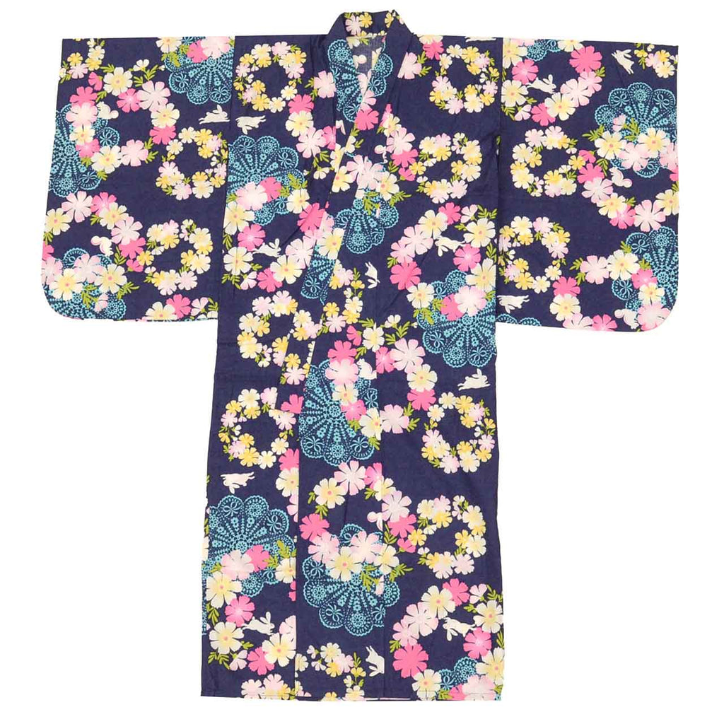 Vintage Japanese Yukata | Girl's Yukata | Navy Cotton | Rabbit Floral Pattern | Kids Size 110 | Sustainable | uu0952b