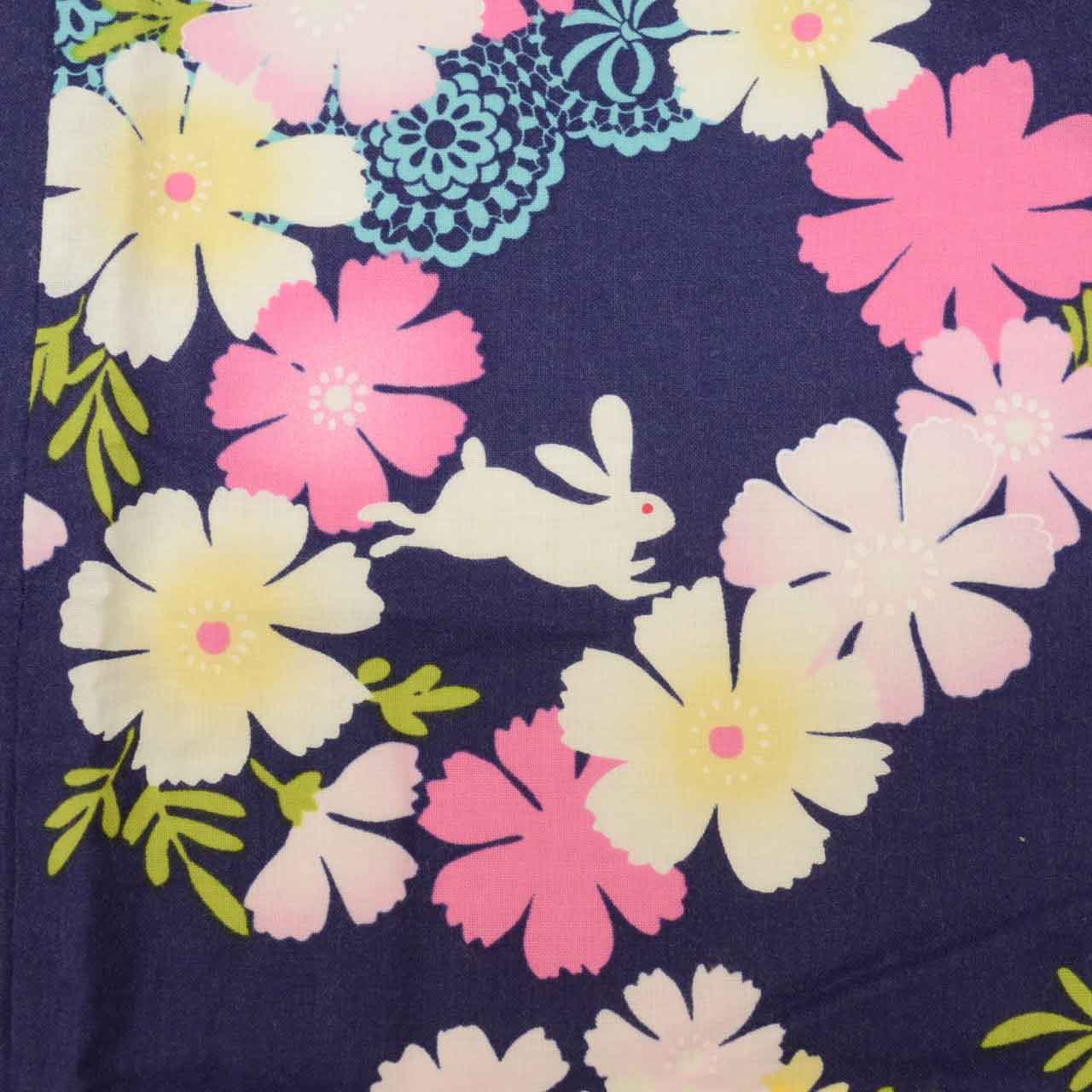 Vintage Japanese Yukata | Girl's Yukata | Navy Cotton | Rabbit Floral Pattern | Kids Size 110 | Sustainable | uu0952b