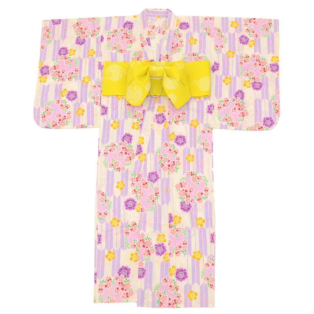 [Used] Recycled Yukata for Girls, Pre-tied Obi, Cotton, Kids Size 140, White with Floral Pattern, Cotton Plum Blossom Pattern, uu0955b 