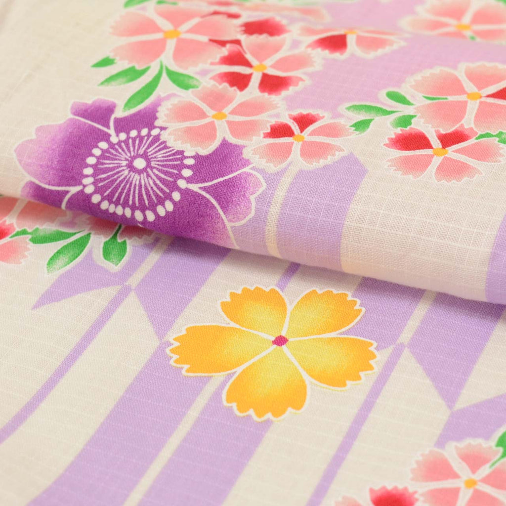 [Used] Recycled Yukata for Girls, Pre-tied Obi, Cotton, Kids Size 140, White with Floral Pattern, Cotton Plum Blossom Pattern, uu0955b 