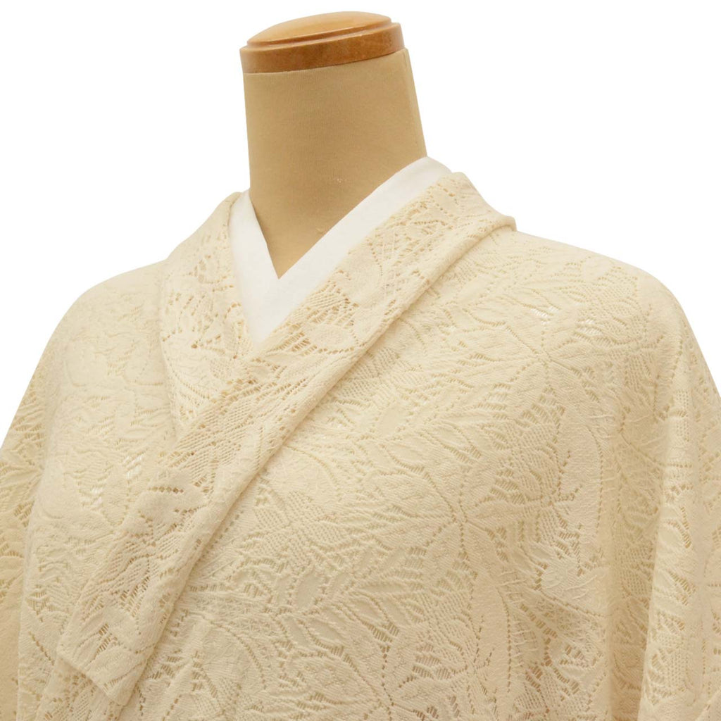 [Used] Recycled Komon (small patterned kimono), unlined, synthetic fiber, length 158.0cm (62.2in), size M, sleeve length 70.5cm (27.8in), ready-made, excellent condition, white with floral pattern, lace kimono, washable uu0967b 