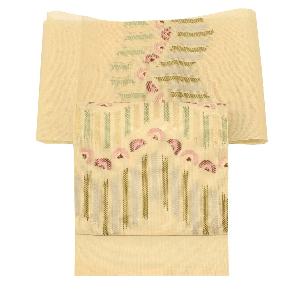 Vintage Japanese Obi | Summer Nagoya Obi | Beige Silk Sha | Seigaiha Wave | Eight-sun | Sustainable | uu0974b