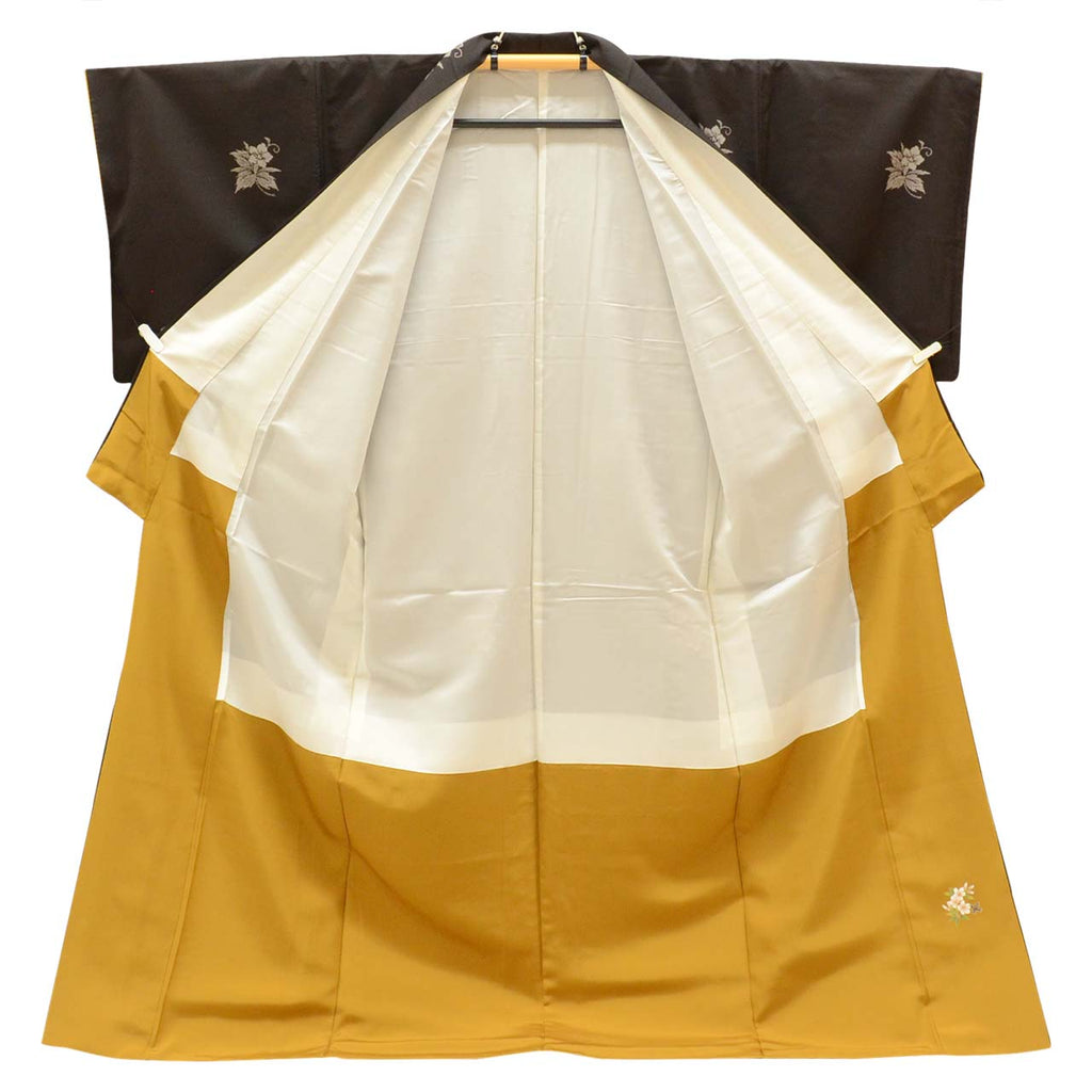 Vintage Japanese Kimono | Oshima Tsumugi | Brown Silk | Floral | Mud-dyed | 9-thread | Kata-su | Tall Size LL | Sustainable | uu0998b