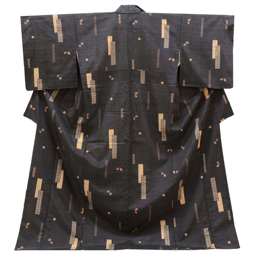 Vintage Japanese Kimono | Tsumugi | Black Silk | Leaf Short-tanzaku | Hand-shibori | Kata-zome | Sustainable | uu0999b