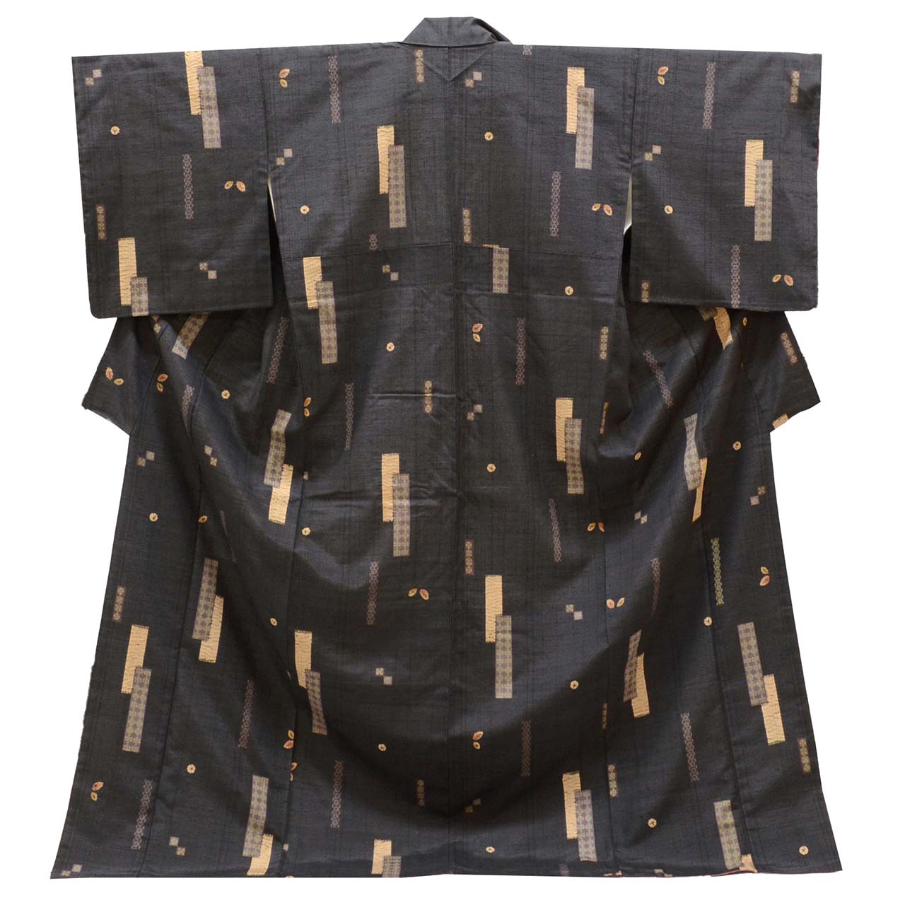 Vintage Japanese Kimono | Tsumugi | Black Silk | Leaf Short-tanzaku | Hand-shibori | Kata-zome | Sustainable | uu0999b