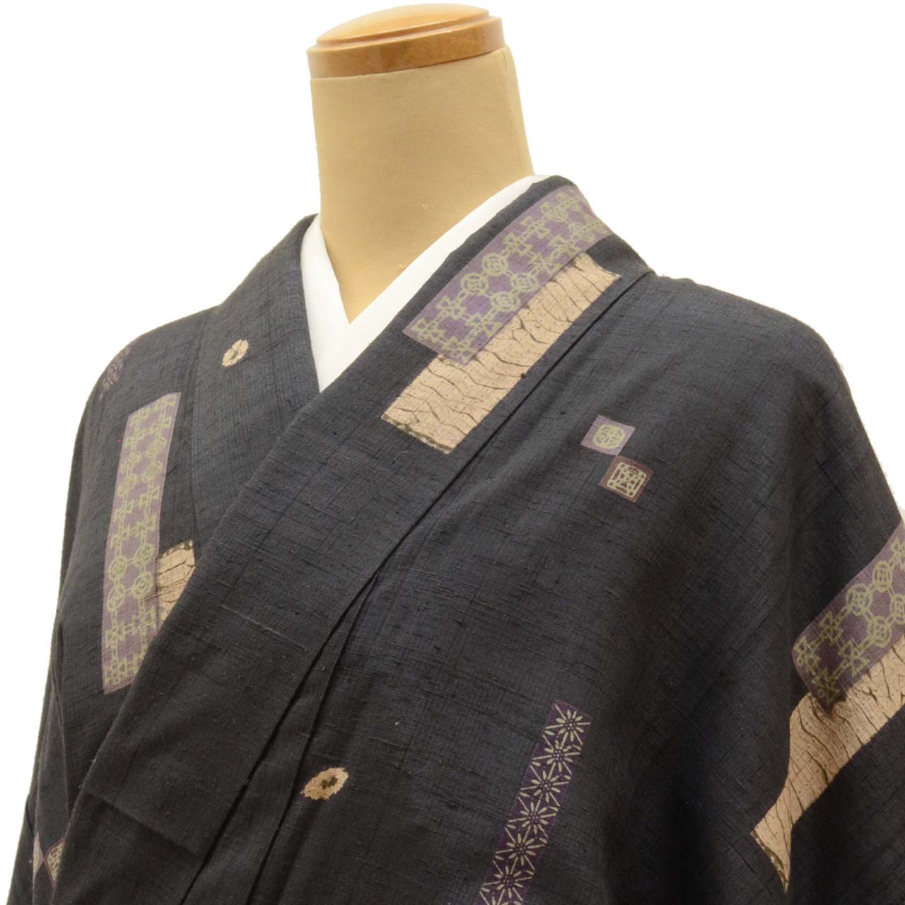 Vintage Japanese Kimono | Tsumugi | Black Silk | Leaf Short-tanzaku | Hand-shibori | Kata-zome | Sustainable | uu0999b