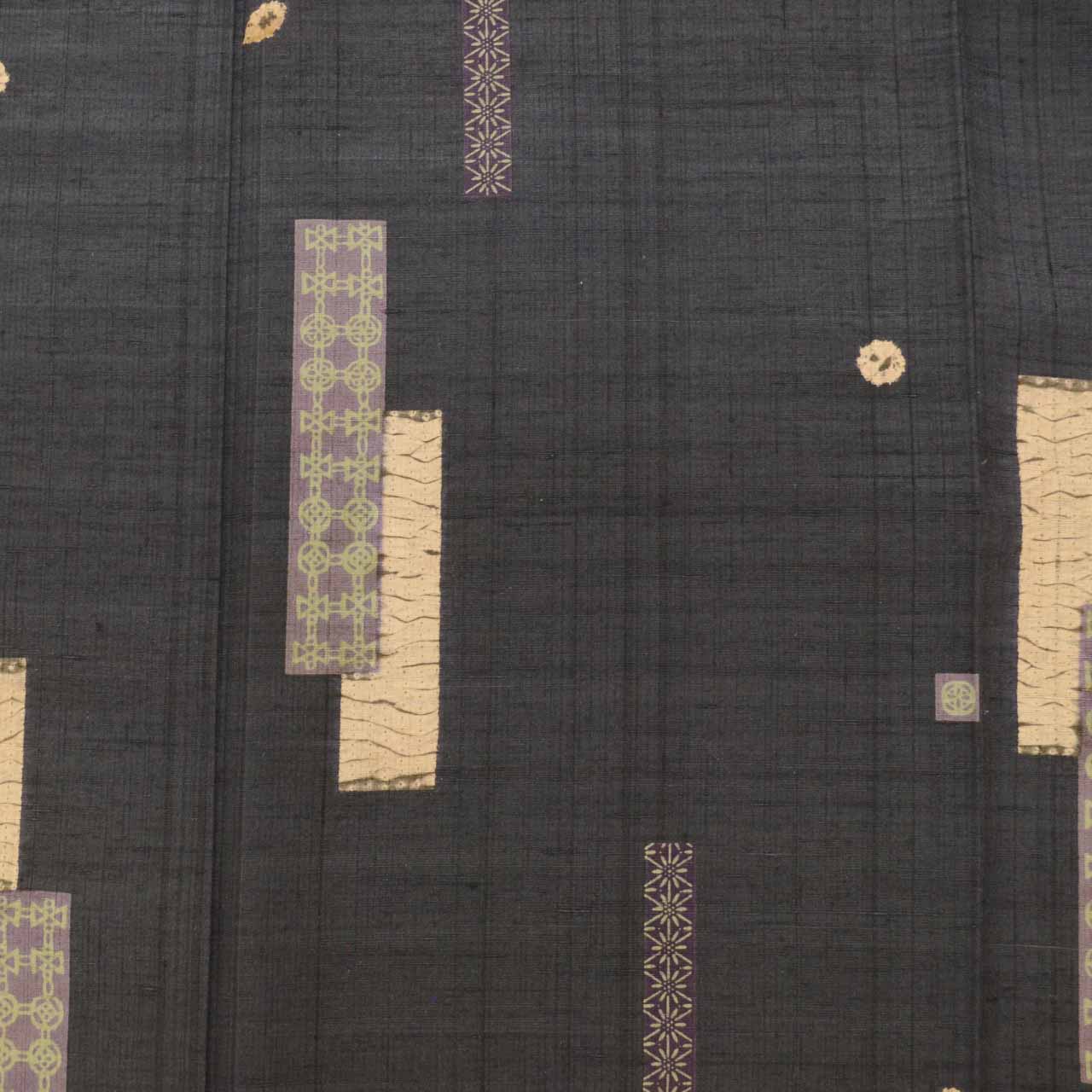 Vintage Japanese Kimono | Tsumugi | Black Silk | Leaf Short-tanzaku | Hand-shibori | Kata-zome | Sustainable | uu0999b