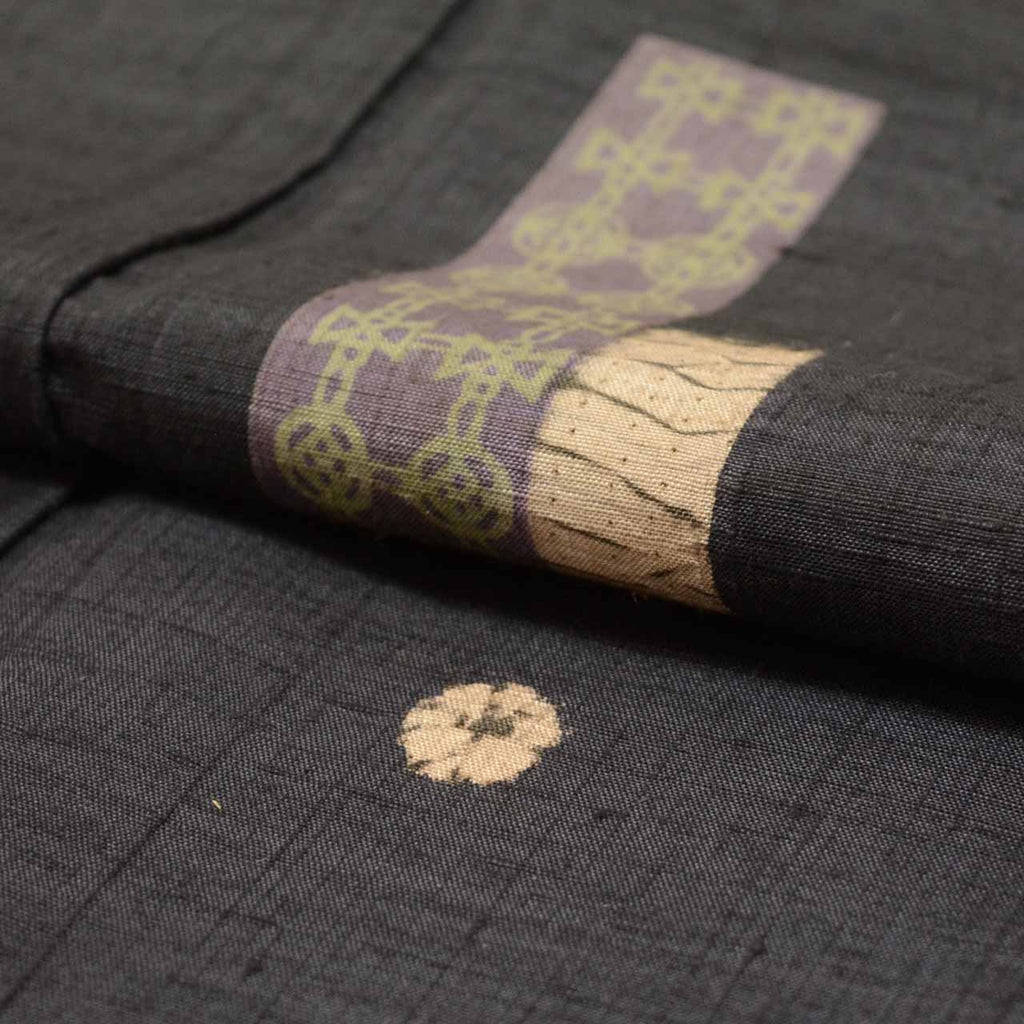 Vintage Japanese Kimono | Tsumugi | Black Silk | Leaf Short-tanzaku | Hand-shibori | Kata-zome | Sustainable | uu0999b
