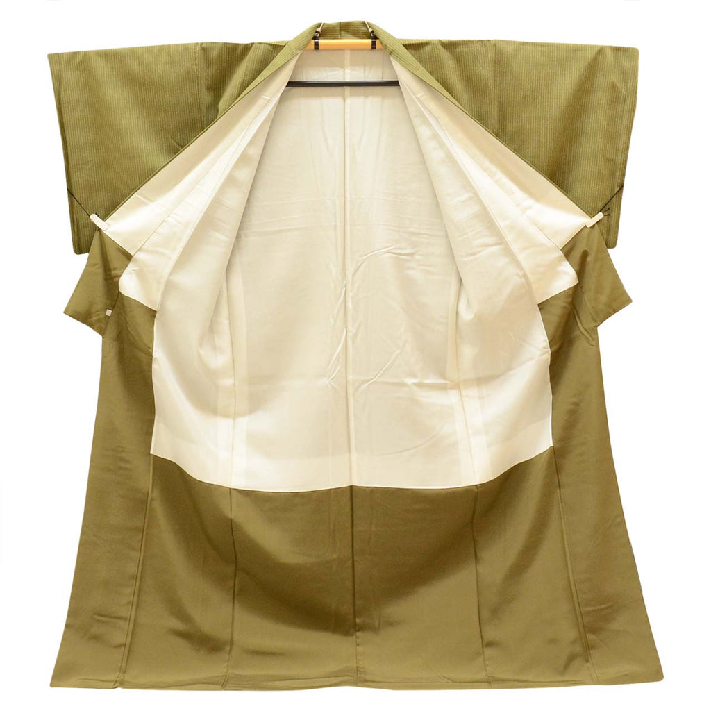 Vintage Japanese Kimono | Yuki Tsumugi | Green Silk | Stripe Pattern | Certified | UNESCO Heritage | Tall Size LL | Sustainable | uu1000b