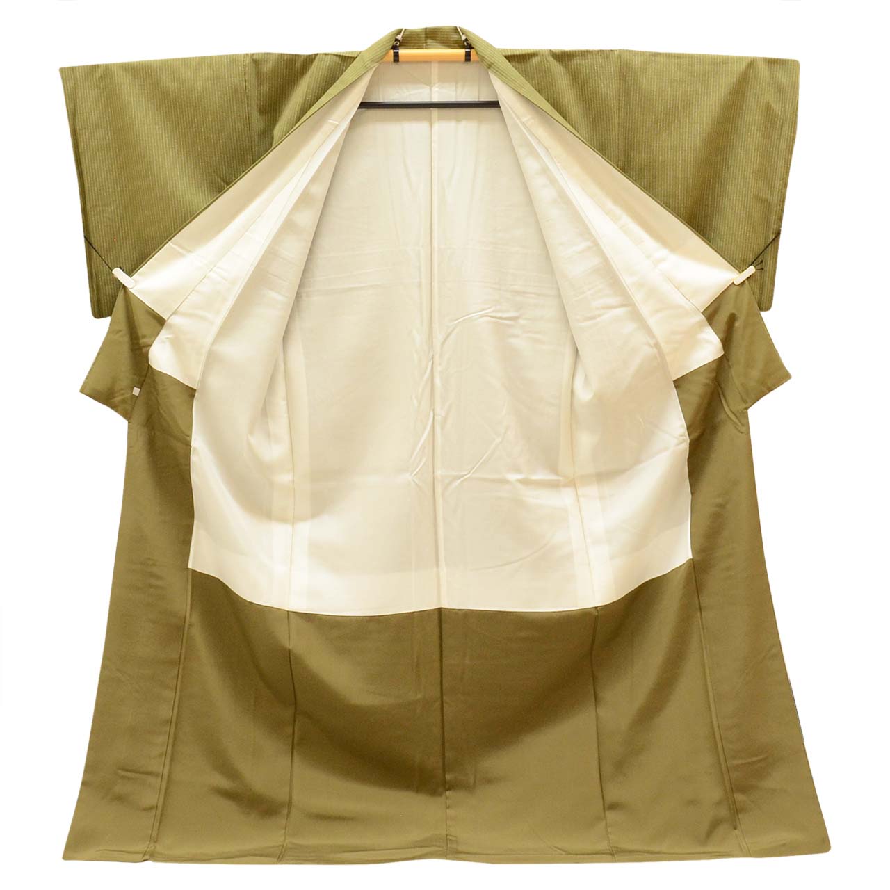 Vintage Japanese Kimono | Yuki Tsumugi | Green Silk | Stripe Pattern | Certified | UNESCO Heritage | Tall Size LL | Sustainable | uu1000b