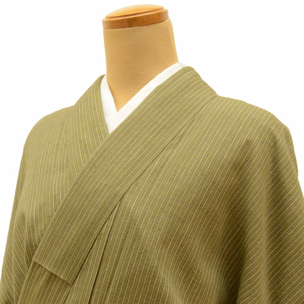 Vintage Japanese Kimono | Yuki Tsumugi | Green Silk | Stripe Pattern | Certified | UNESCO Heritage | Tall Size LL | Sustainable | uu1000b