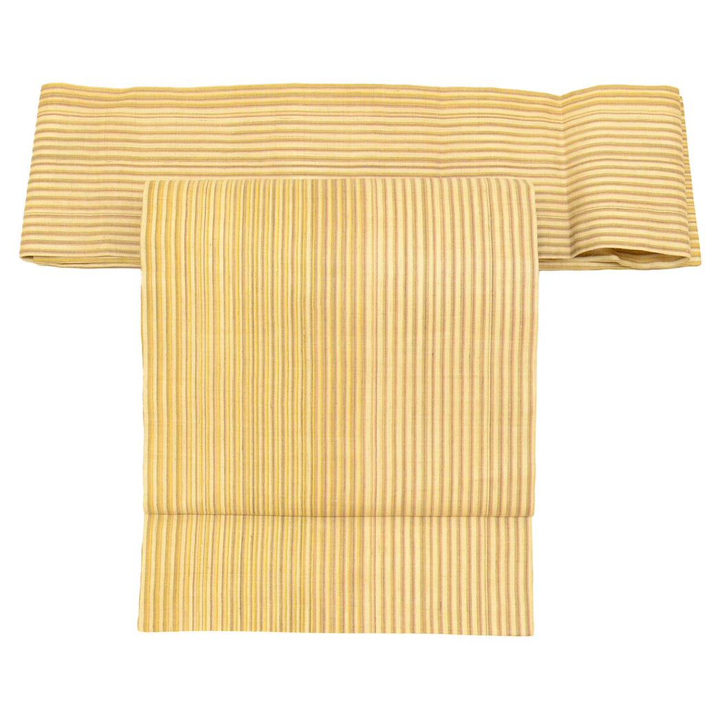 Vintage Japanese Obi | Nagoya Obi | Miyako Jofu Linen | Beige | Stripe | Hand-woven | Nine-sun | Full-length | Sustainable | uu1004b