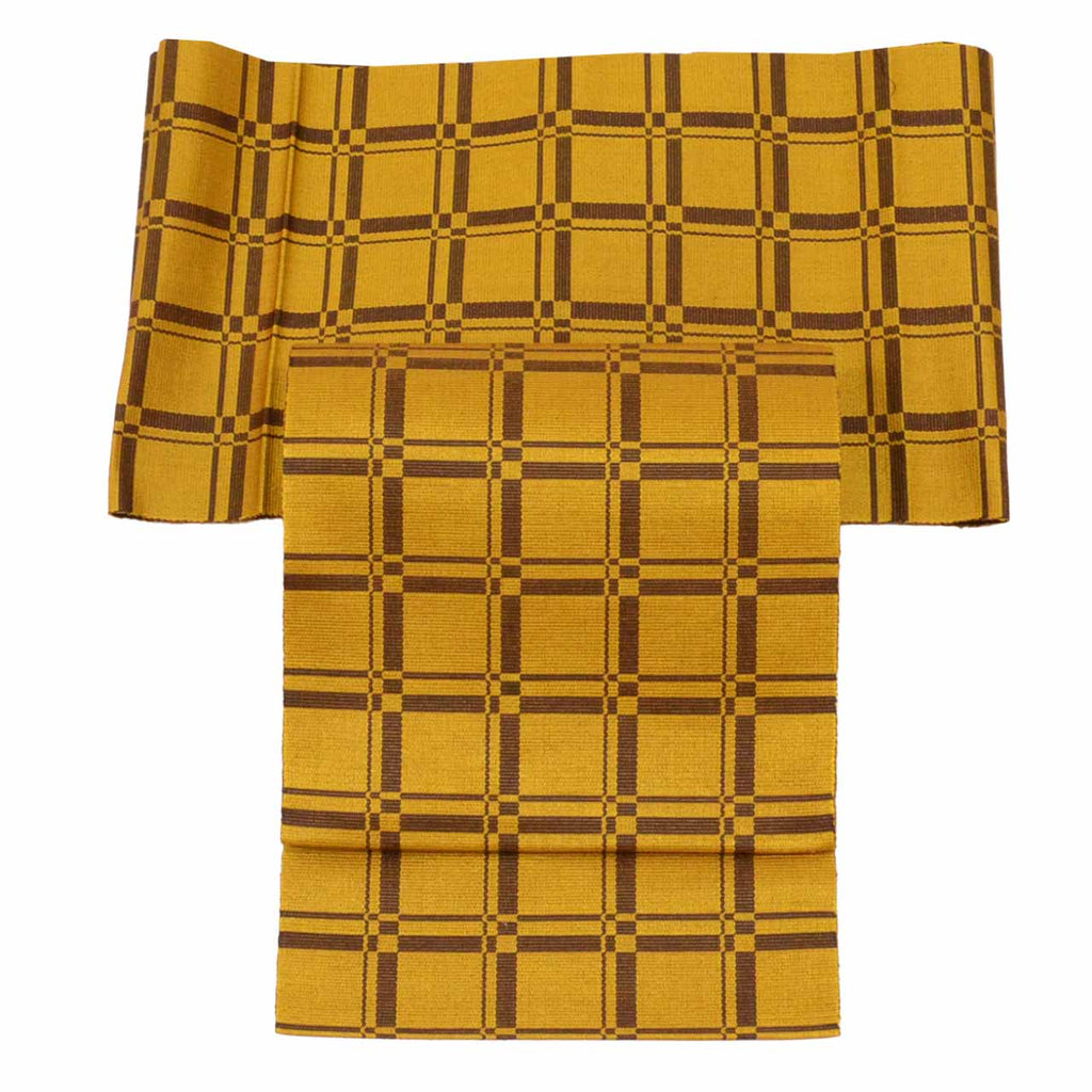 Vintage Japanese Obi | Nagoya Obi | Honba Kihachijo | Brown Silk | Lattice | Hand-woven | Eight-sun | Certified | Sustainable | uu1005b