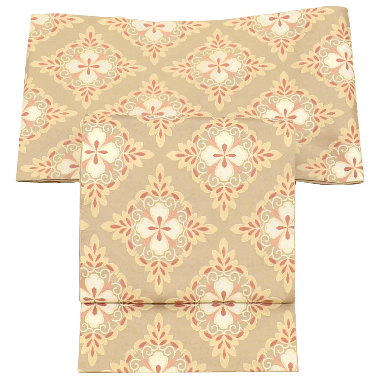 Vintage Japanese Obi | Fukuro Obi | Beige Silk | Diamond Floral | Kitamura Takeshi Living National Treasure | Sustainable | uu1006b