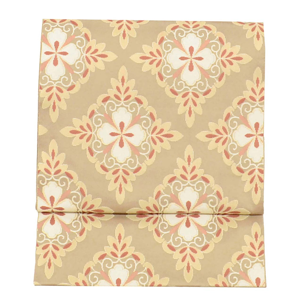 Vintage Japanese Obi | Fukuro Obi | Beige Silk | Diamond Floral | Kitamura Takeshi Living National Treasure | Sustainable | uu1006b