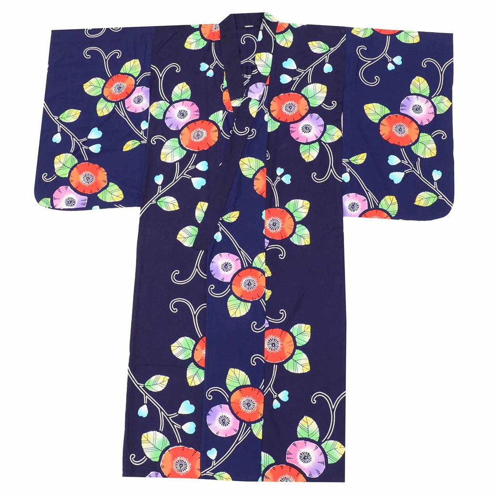 Vintage Japanese Yukata | Girl's Yukata | Navy Cotton | Floral Pattern | Koma-ji Chuzome | Kids Size 130 | Sustainable | uu1018b