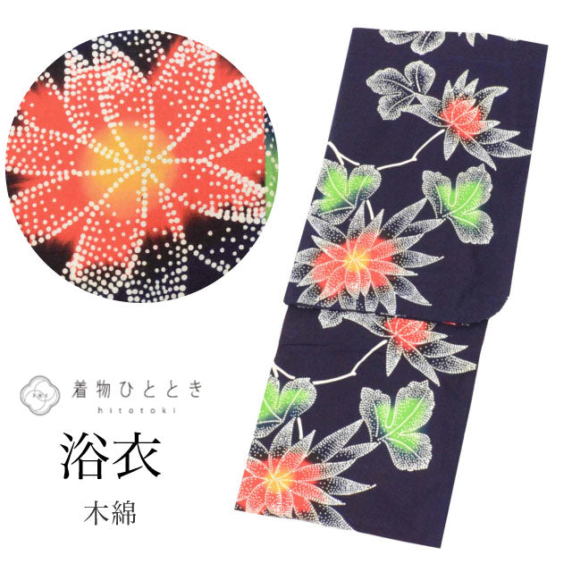 【中古】 リサイクル 浴衣 単品 木綿 身丈153cm S 裄65cm 仕立て上がり リサイクル着物 紺色系 花文様 コーマ地 注染染め uu1024b