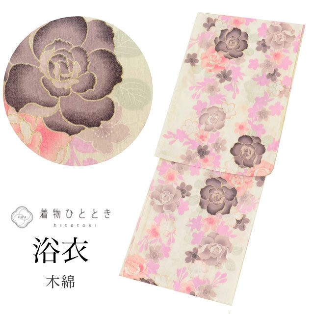 【中古】 リサイクル 浴衣 単品 木綿 身丈161.5cm L 裄65cm 仕立て上がり リサイクル着物 白色系 花文様 美品 uu1028b