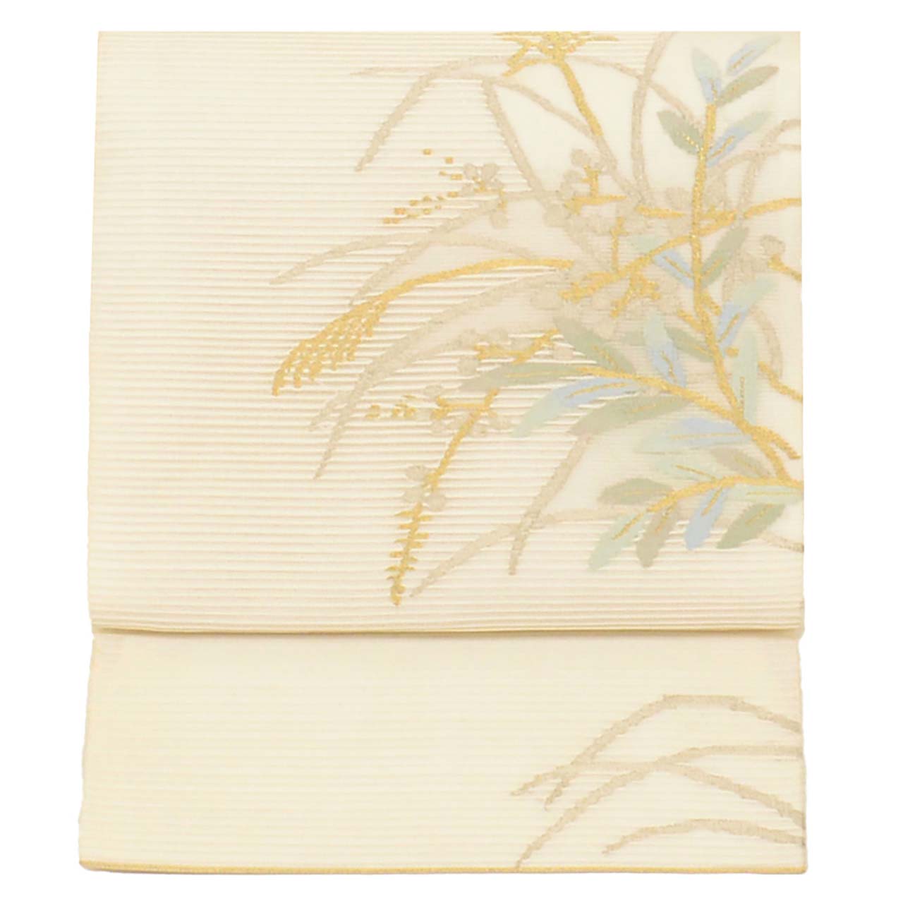 Vintage Japanese Obi | Fukuro Obi | White Silk Ro-tsuzure | Pampas Grass | Gold Silver Thread | Sustainable | uu1059b