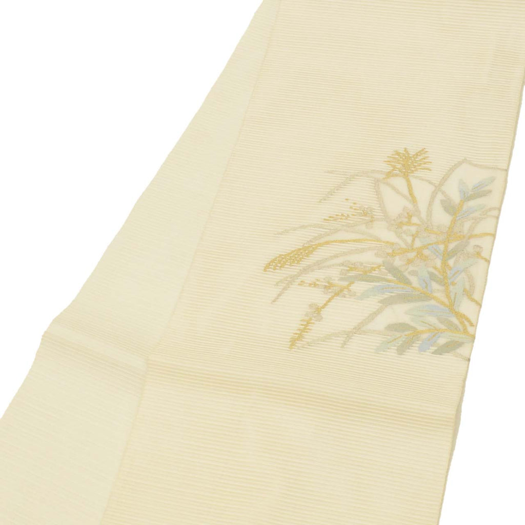 Vintage Japanese Obi | Fukuro Obi | White Silk Ro-tsuzure | Pampas Grass | Gold Silver Thread | Sustainable | uu1059b
