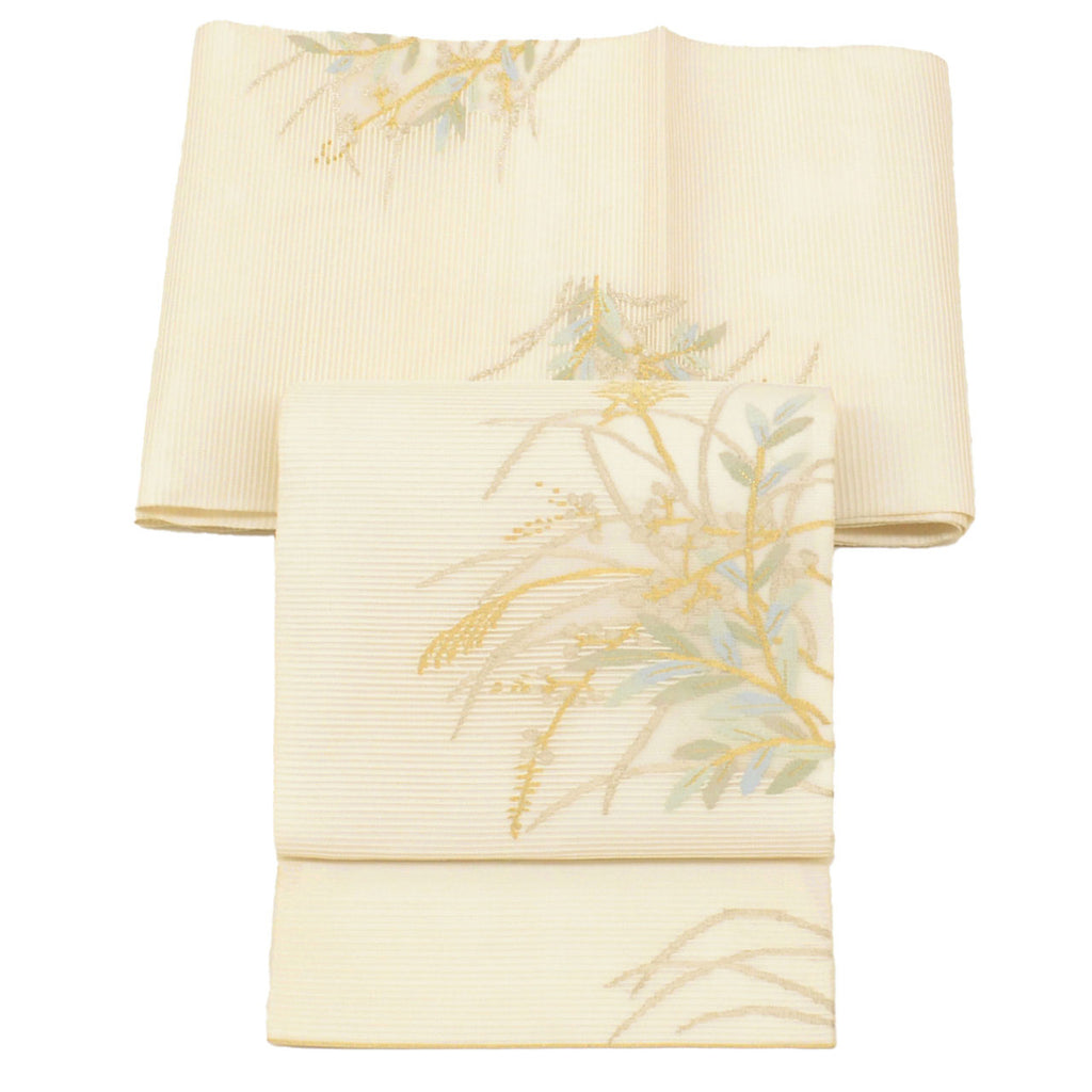Vintage Japanese Obi | Fukuro Obi | White Silk Ro-tsuzure | Pampas Grass | Gold Silver Thread | Sustainable | uu1059b