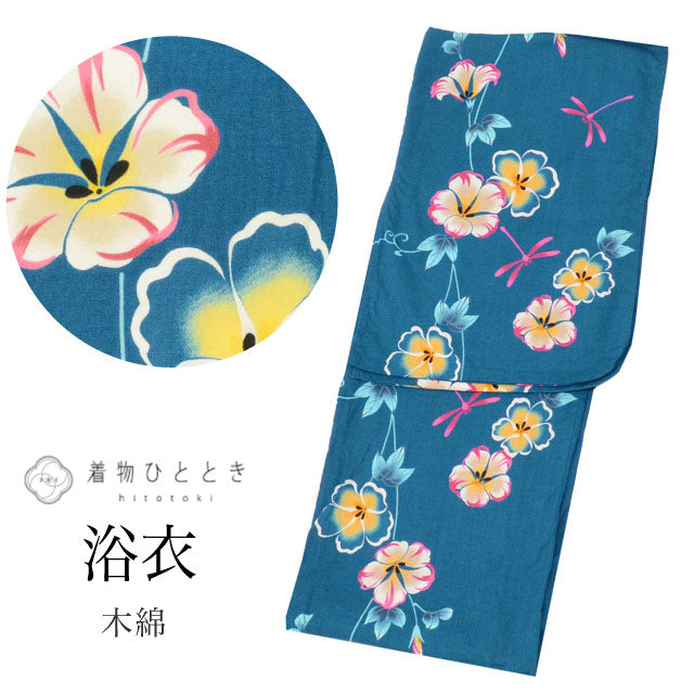 浴衣 単品 木綿 リサイクル浴衣 レディース 裄67cm 身丈160cm M 青色系 朝顔文様 美品 コーマ地