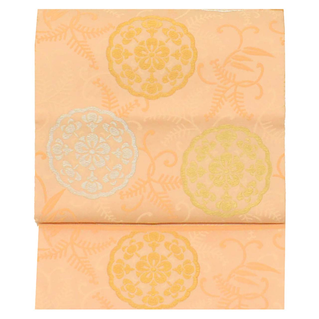 Vintage Japanese Obi | Fukuro Obi | Orange Silk | Circle Floral | Kara-ori Gold Silver Thread | Furisode | Excellent | Sustainable | uu1079b